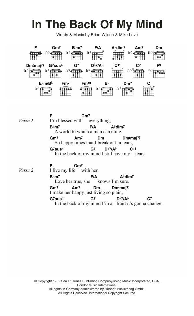 The Beach Boys In The Back Of My Mind Sheet Music Notes & Chords for Lyrics & Chords - Download or Print PDF