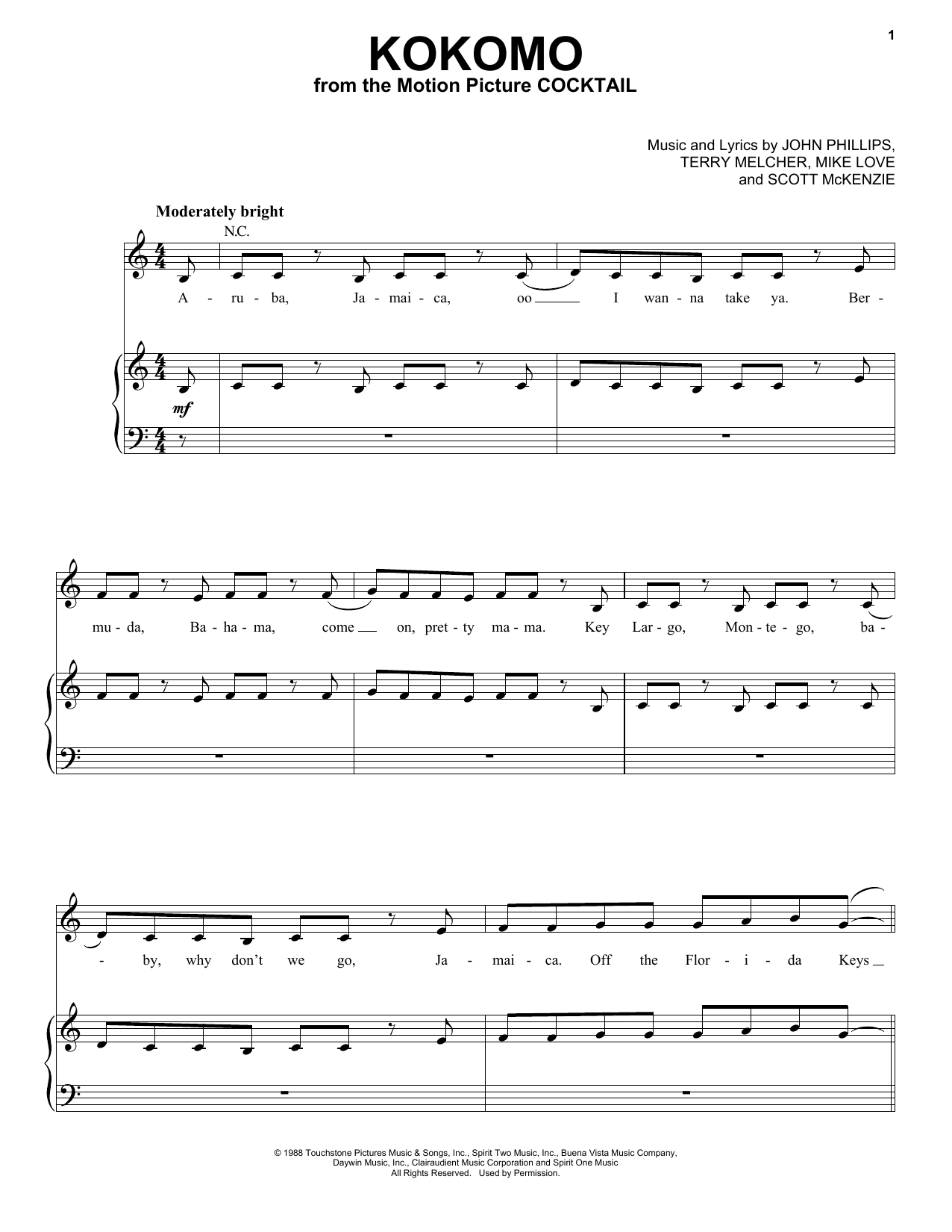 The Beach Boys Kokomo Sheet Music Notes & Chords for Melody Line, Lyrics & Chords - Download or Print PDF