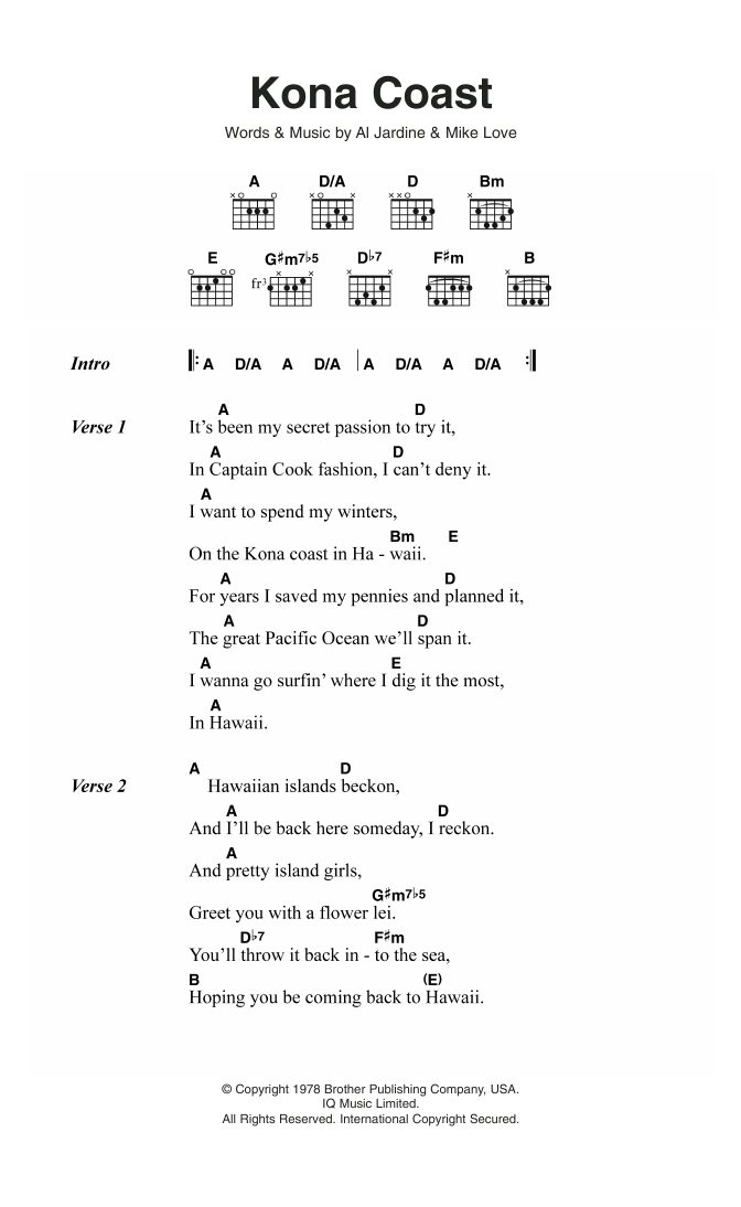 The Beach Boys Kona Coast Sheet Music Notes & Chords for Lyrics & Chords - Download or Print PDF