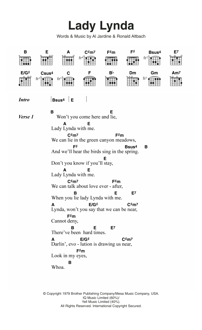 The Beach Boys Lady Lynda Sheet Music Notes & Chords for Lyrics & Chords - Download or Print PDF