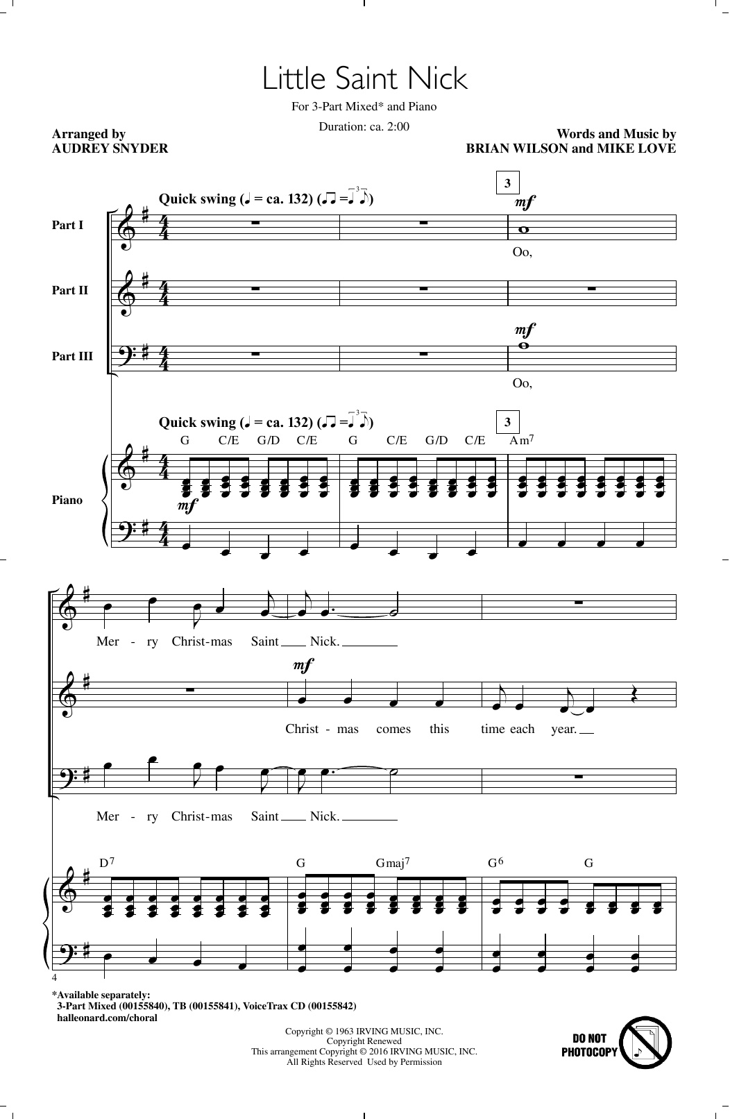 The Beach Boys Little Saint Nick (arr. Audrey Snyder) Sheet Music Notes & Chords for 3-Part Mixed - Download or Print PDF