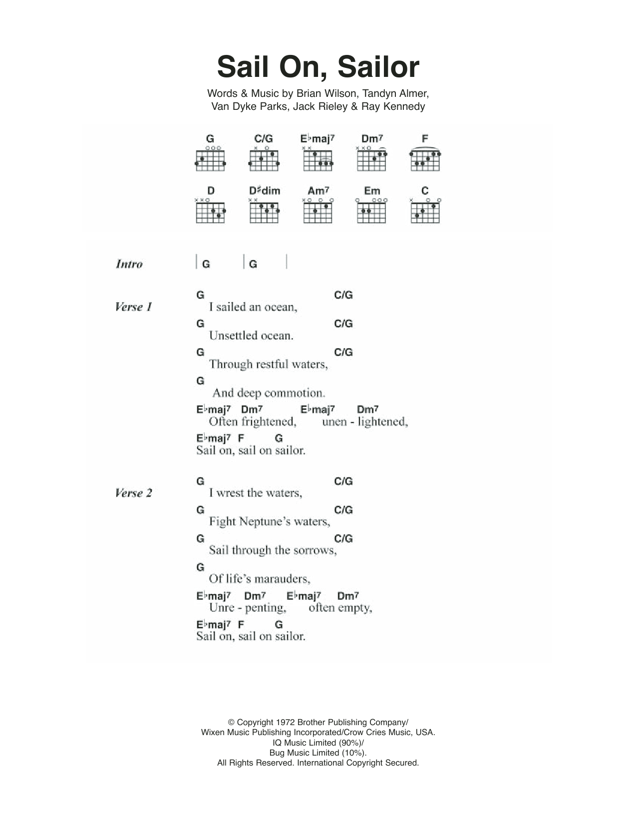 The Beach Boys Sail On, Sailor Sheet Music Notes & Chords for Lyrics & Chords - Download or Print PDF