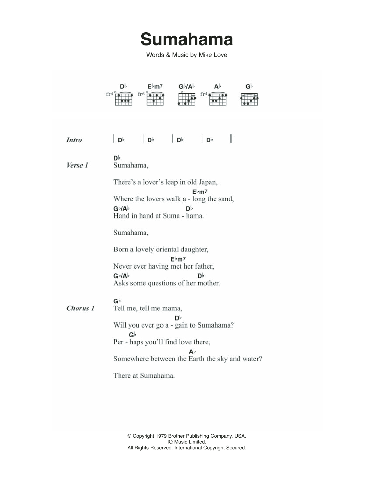 The Beach Boys Sumahama Sheet Music Notes & Chords for Lyrics & Chords - Download or Print PDF