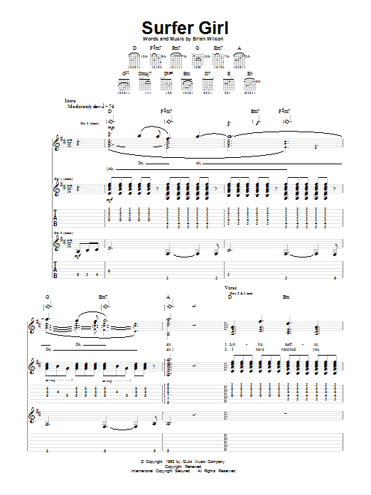 The Beach Boys Surfer Girl sheet music notes and chords. Download Printable PDF.