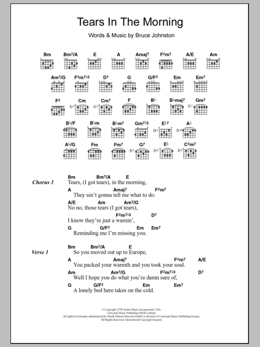 The Beach Boys Tears In The Morning Sheet Music Notes & Chords for Lyrics & Chords - Download or Print PDF