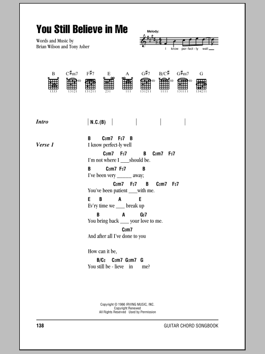The Beach Boys You Still Believe In Me Sheet Music Notes & Chords for Lyrics & Chords - Download or Print PDF