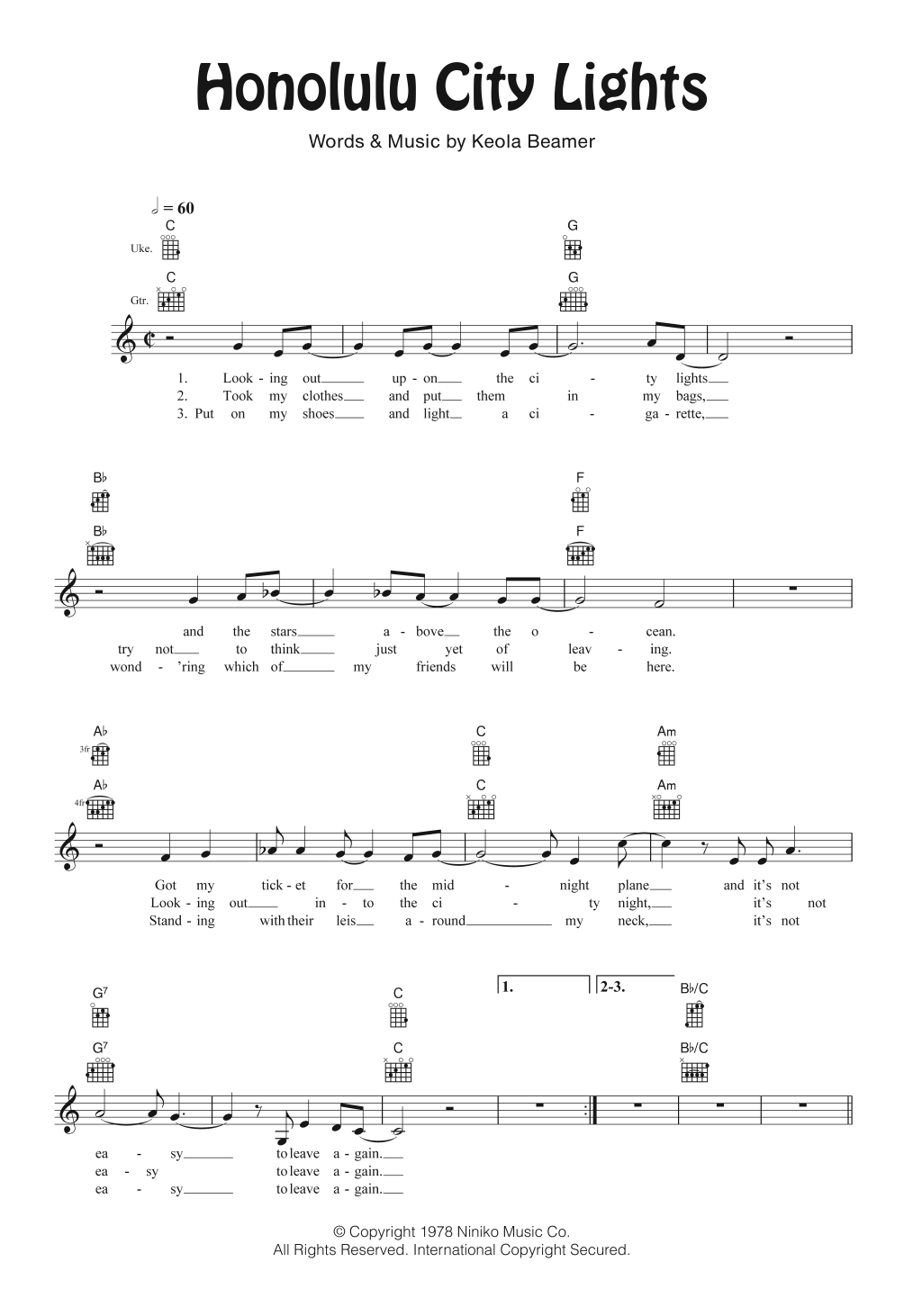 The Beamer Brothers Honolulu City Lights Sheet Music Notes & Chords for Ukulele - Download or Print PDF