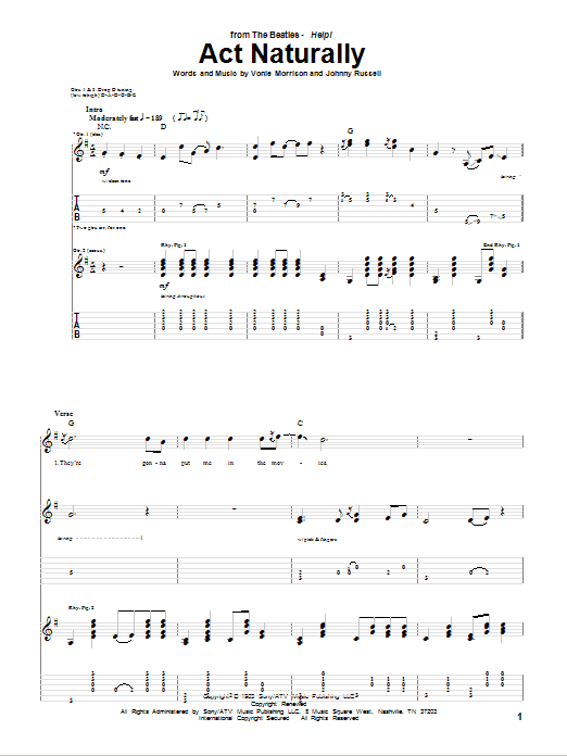 The Beatles Act Naturally Sheet Music Notes & Chords for Guitar Tab - Download or Print PDF