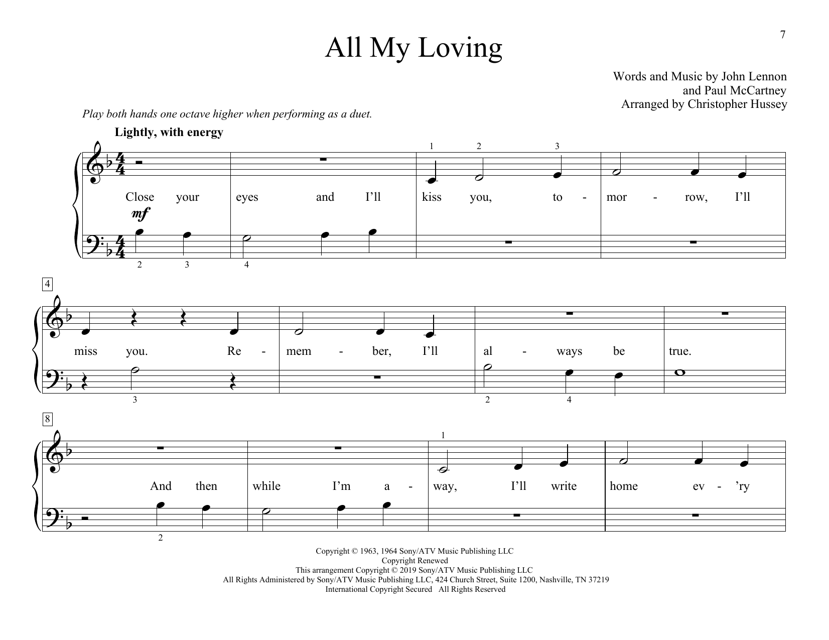 The Beatles All My Loving (arr. Christopher Hussey) Sheet Music Notes & Chords for Piano Duet - Download or Print PDF