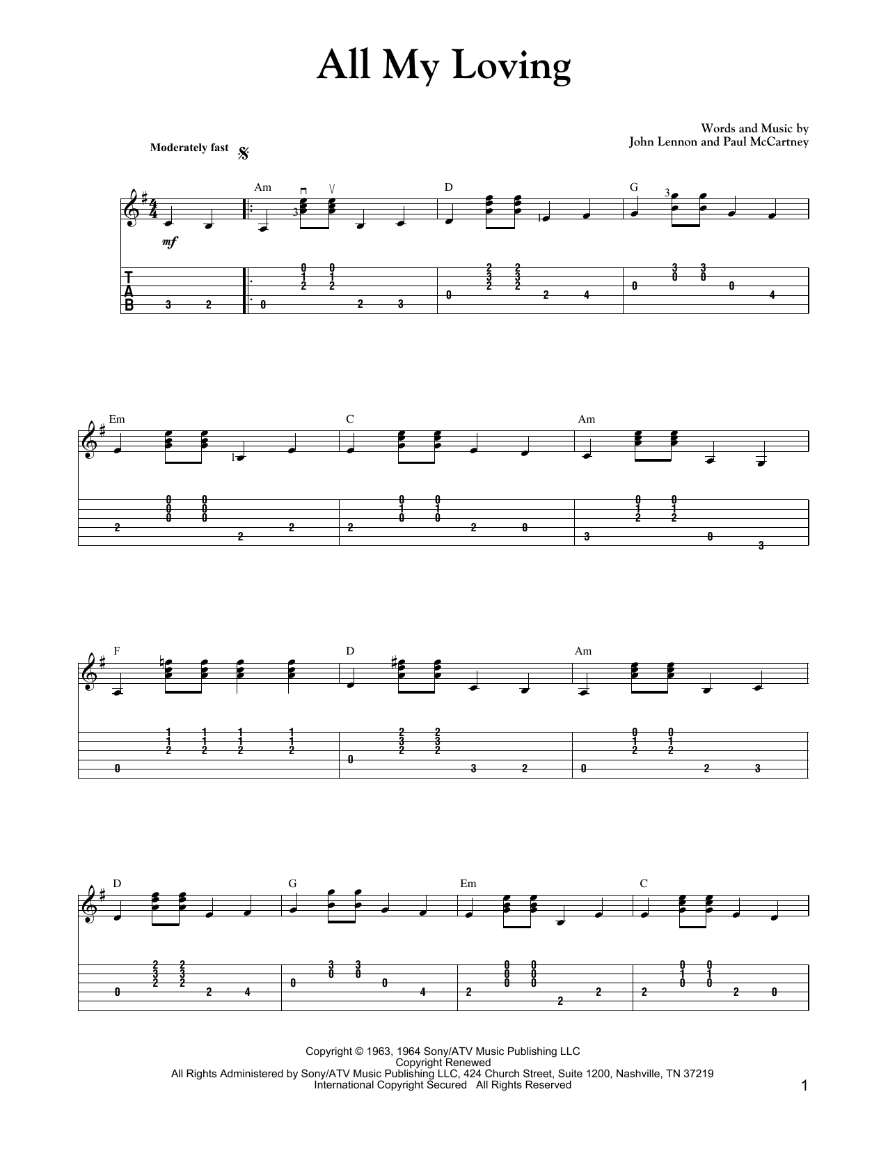 Carter Style Guitar All My Loving Sheet Music Notes & Chords for Guitar Tab - Download or Print PDF