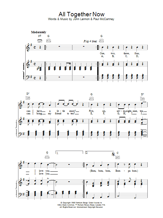 The Beatles All Together Now Sheet Music Notes & Chords for Piano, Vocal & Guitar (Right-Hand Melody) - Download or Print PDF