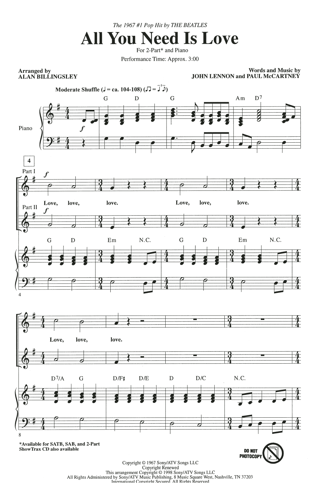 The Beatles All You Need Is Love (arr. Alan Billingsley) Sheet Music Notes & Chords for SATB Choir - Download or Print PDF