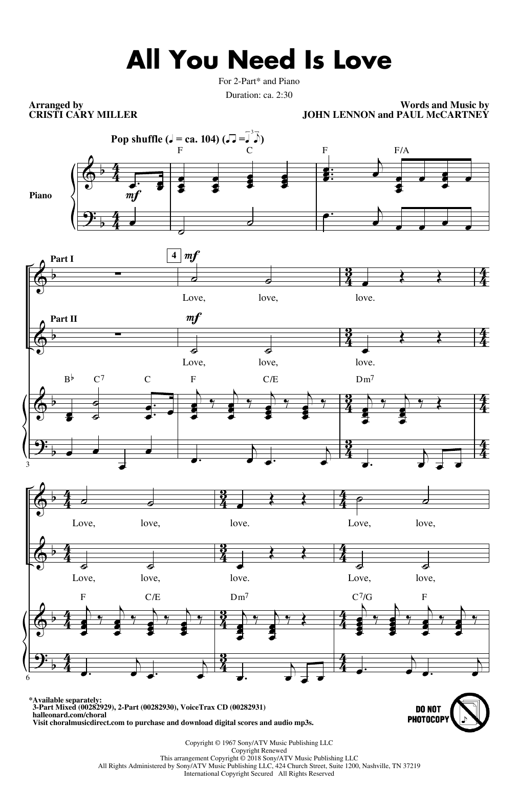 The Beatles All You Need Is Love (arr. Cristi Cari Miller) Sheet Music Notes & Chords for 2-Part Choir - Download or Print PDF