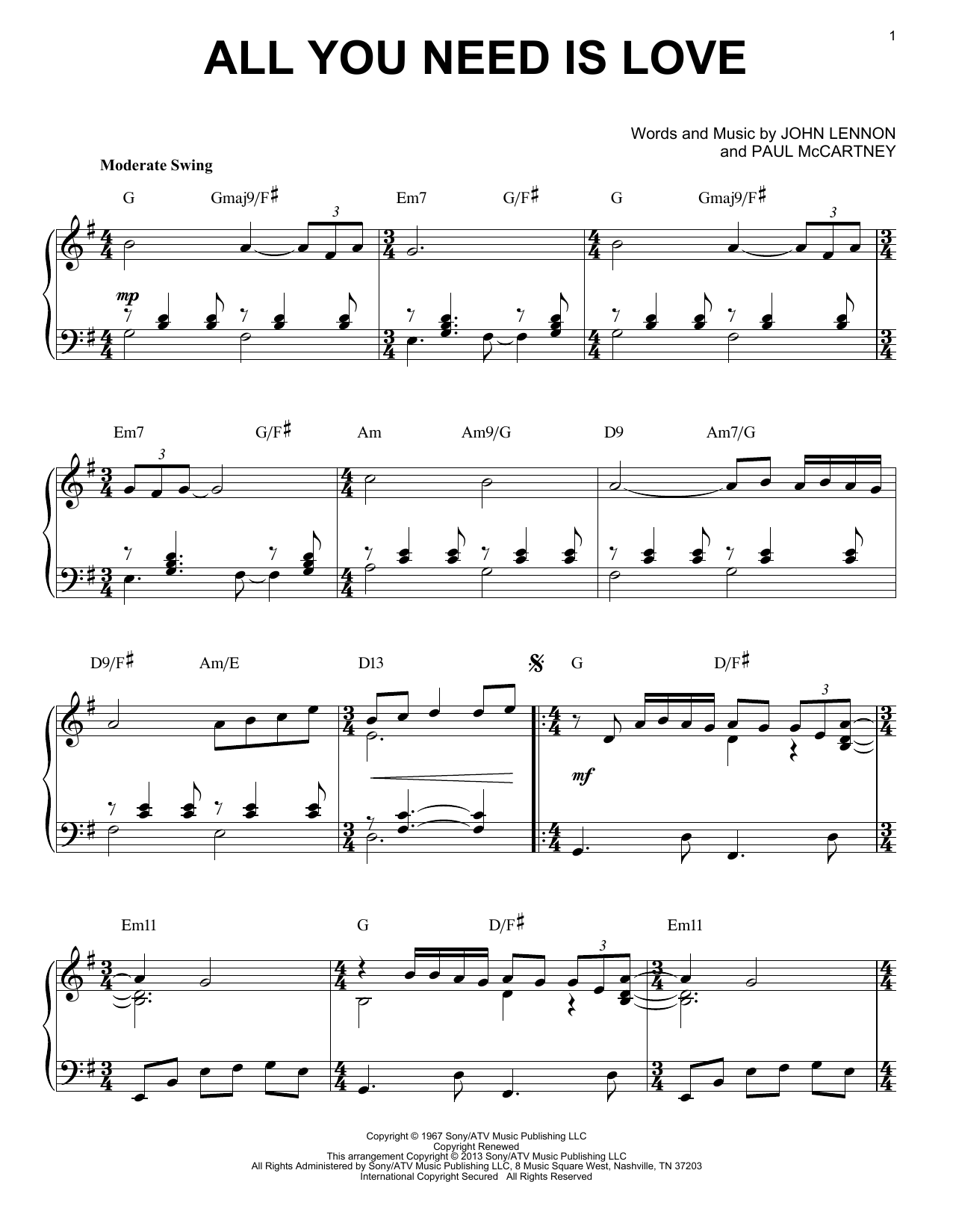 The Beatles All You Need Is Love [Jazz version] (arr. Brent Edstrom) Sheet Music Notes & Chords for Piano - Download or Print PDF