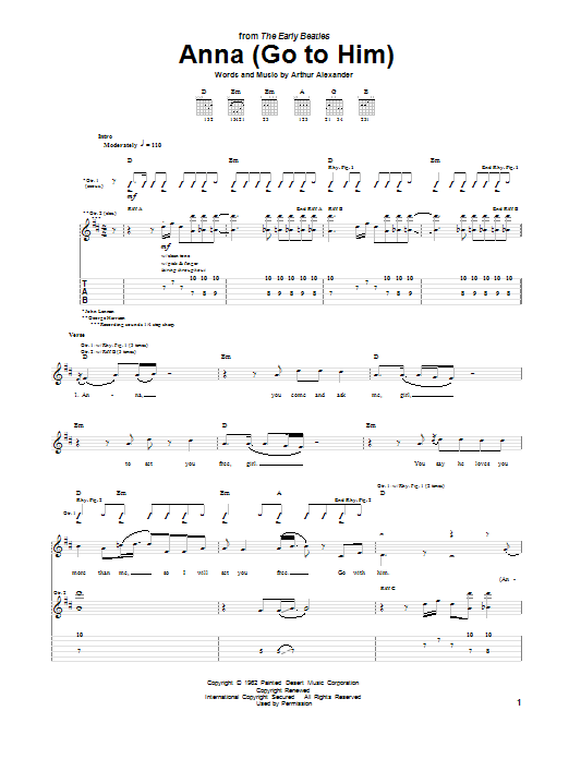 The Beatles Anna (Go To Him) Sheet Music Notes & Chords for Guitar Tab - Download or Print PDF