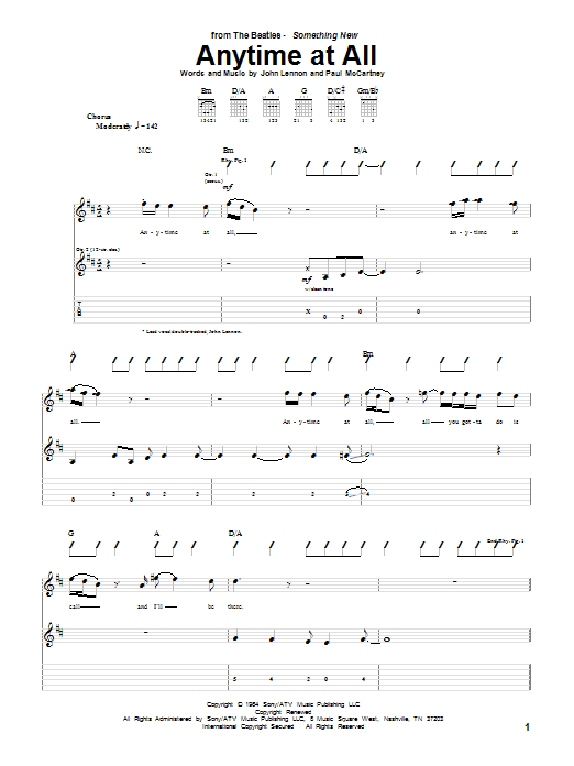 The Beatles Anytime At All Sheet Music Notes & Chords for Guitar Tab - Download or Print PDF