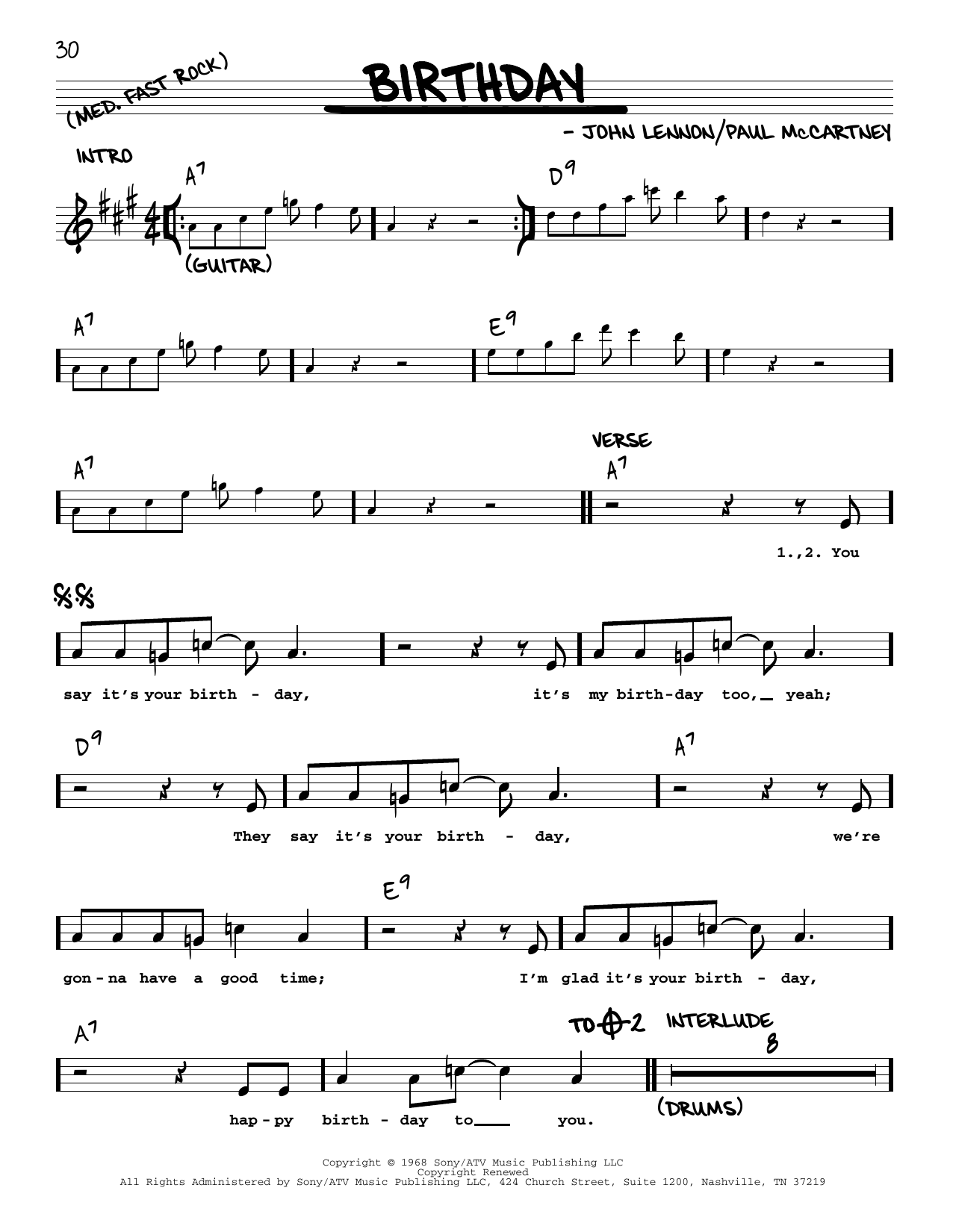 The Beatles Birthday [Jazz version] Sheet Music Notes & Chords for Real Book – Melody, Lyrics & Chords - Download or Print PDF