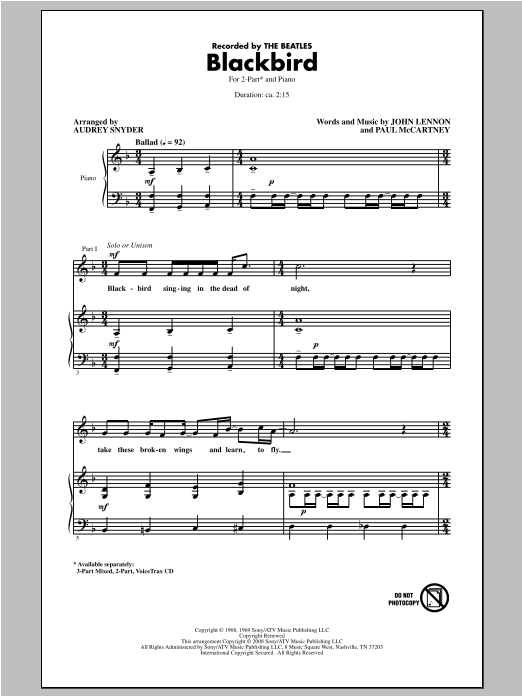 The Beatles Blackbird (arr. Audrey Snyder) Sheet Music Notes & Chords for 3-Part Mixed - Download or Print PDF