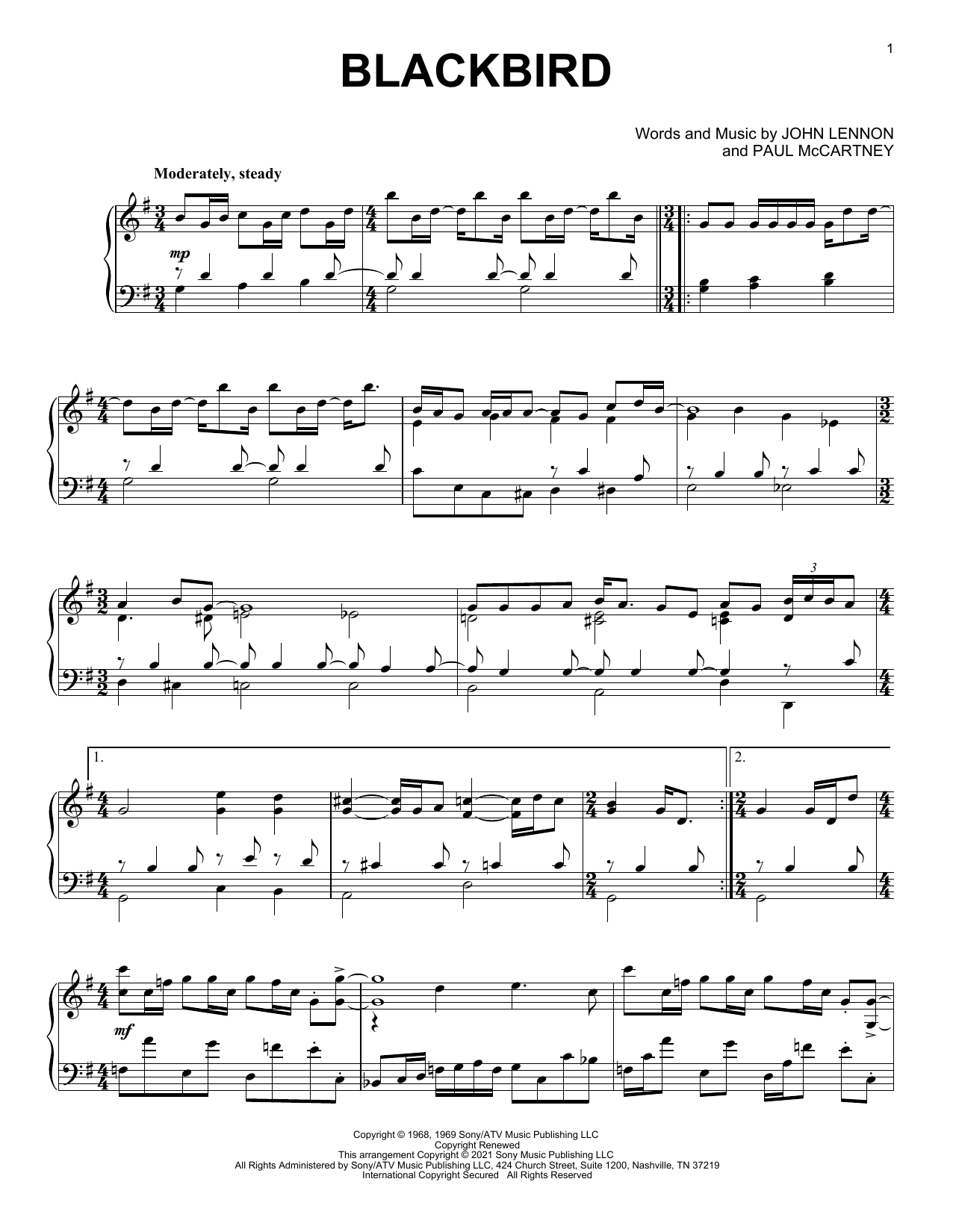 The Beatles Blackbird [Classical version] Sheet Music Notes & Chords for Piano Solo - Download or Print PDF