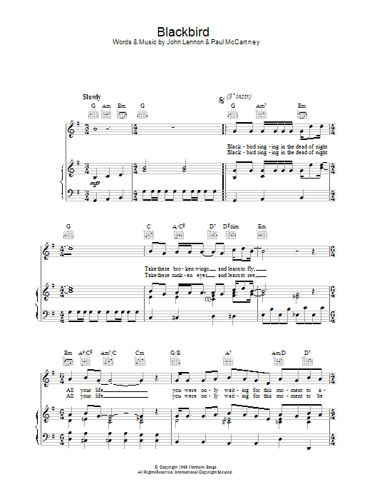 The Beatles Blackbird Sheet Music Notes & Chords for Lyrics & Piano Chords - Download or Print PDF
