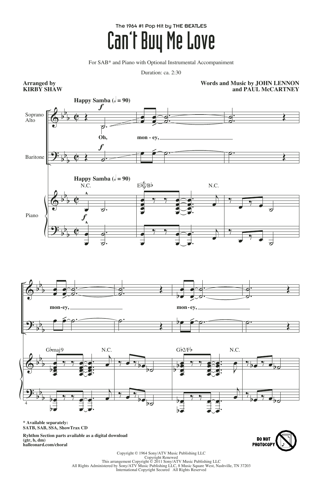 The Beatles Can't Buy Me Love (arr. Kirby Shaw) Sheet Music Notes & Chords for SAB Choir - Download or Print PDF