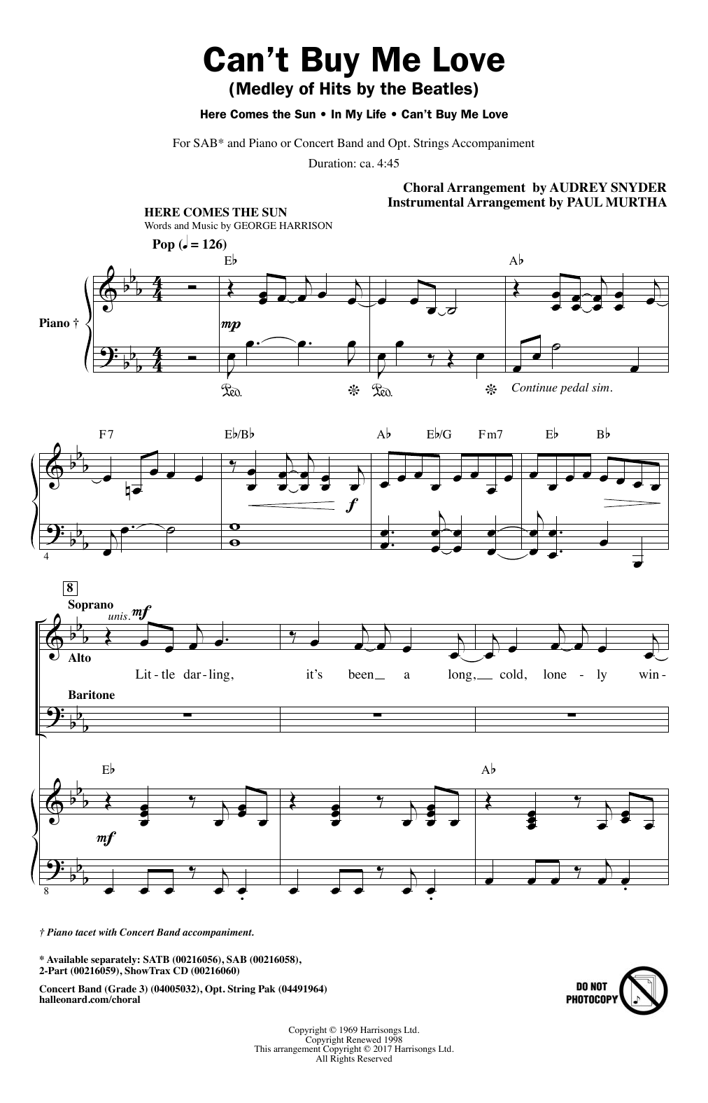 The Beatles Can't Buy Me Love (Medley of Hits by The Beatles) (arr. Audrey Snyder) Sheet Music Notes & Chords for SATB - Download or Print PDF