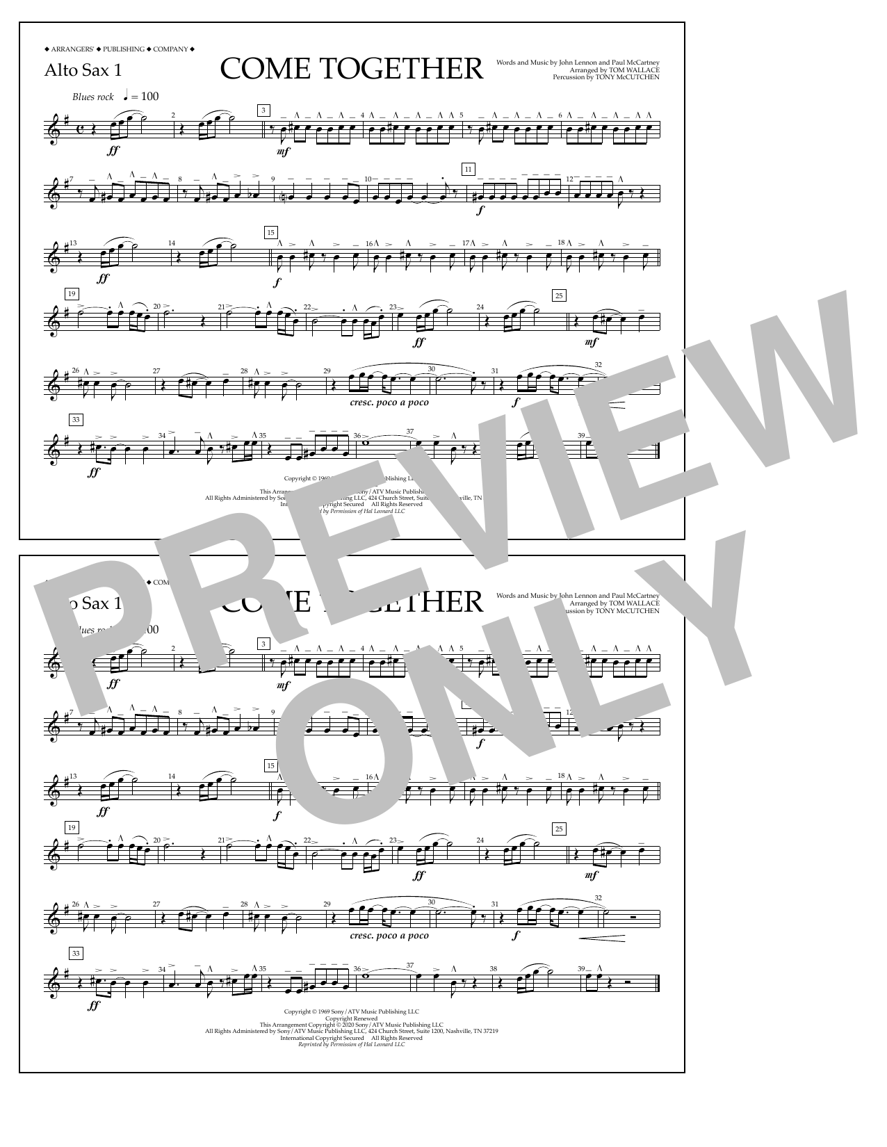The Beatles Come Together (arr. Tom Wallace) - Alto Sax 1 Sheet Music Notes & Chords for Marching Band - Download or Print PDF