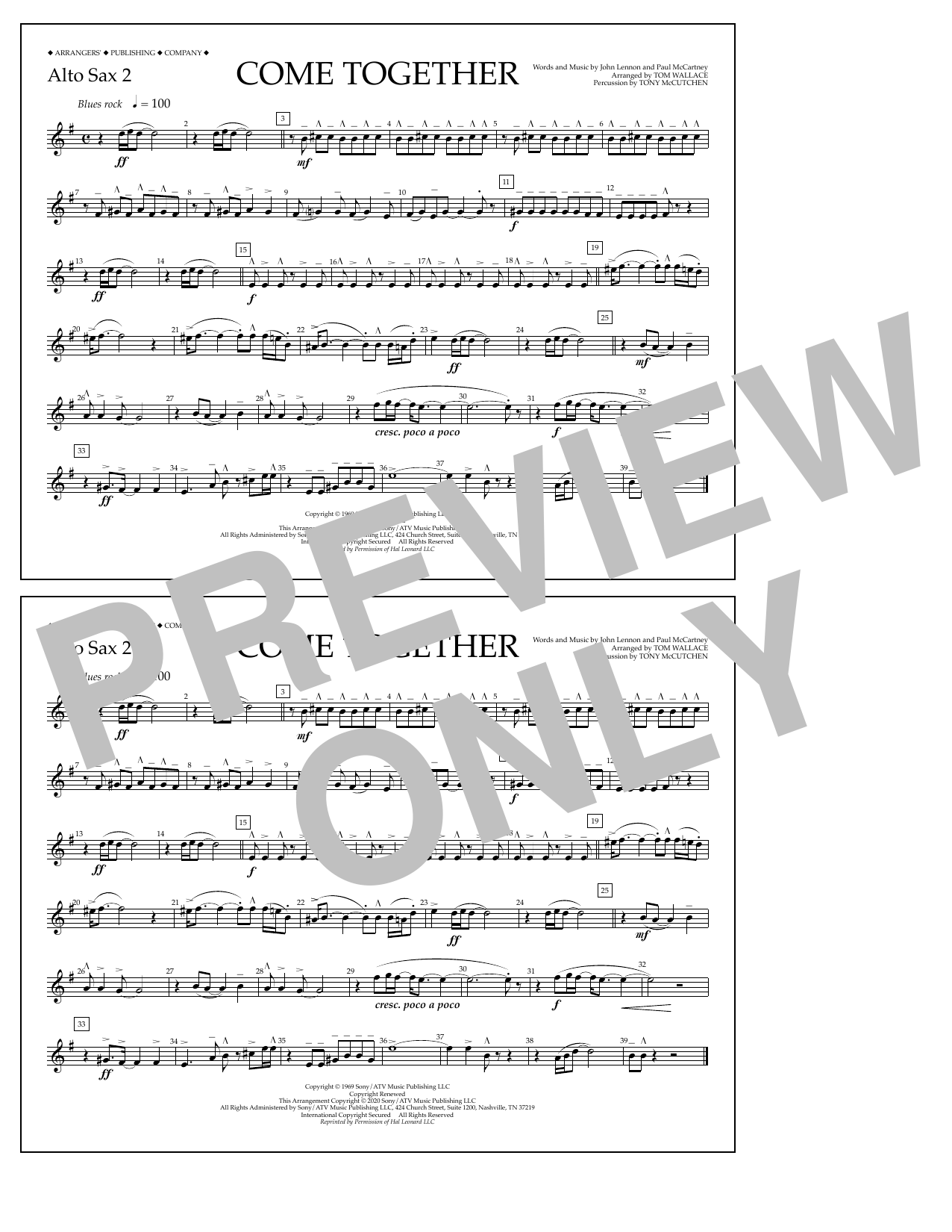 The Beatles Come Together (arr. Tom Wallace) - Alto Sax 2 Sheet Music Notes & Chords for Marching Band - Download or Print PDF