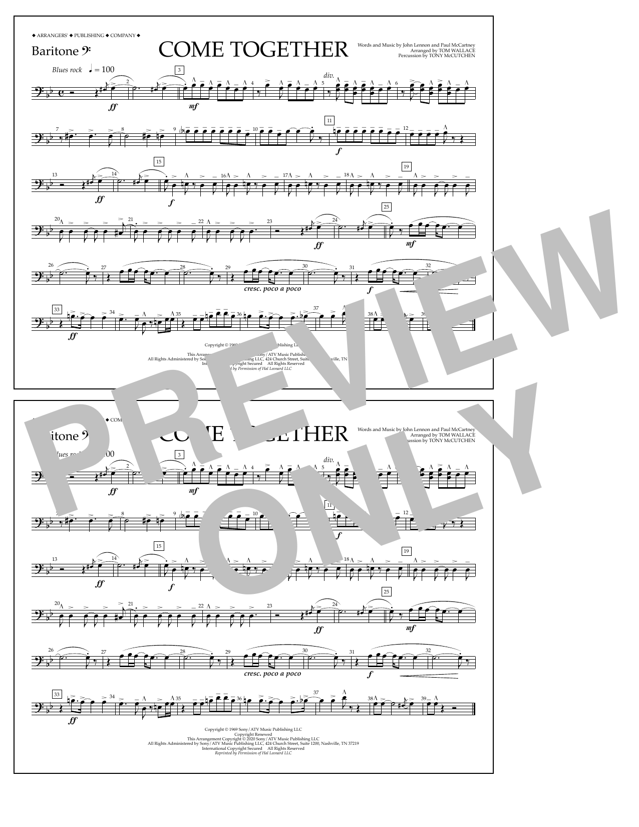 The Beatles Come Together (arr. Tom Wallace) - Baritone B.C. Sheet Music Notes & Chords for Marching Band - Download or Print PDF
