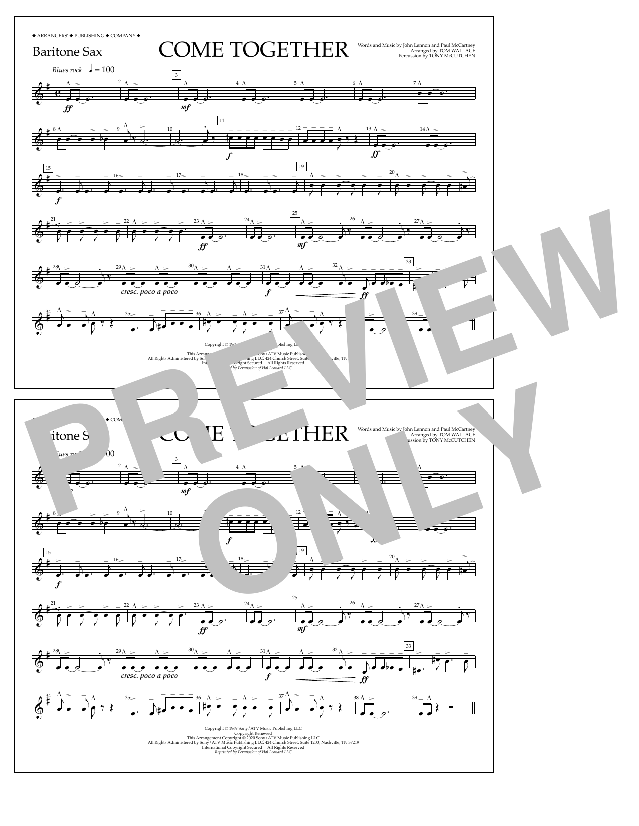 The Beatles Come Together (arr. Tom Wallace) - Baritone Sax Sheet Music Notes & Chords for Marching Band - Download or Print PDF