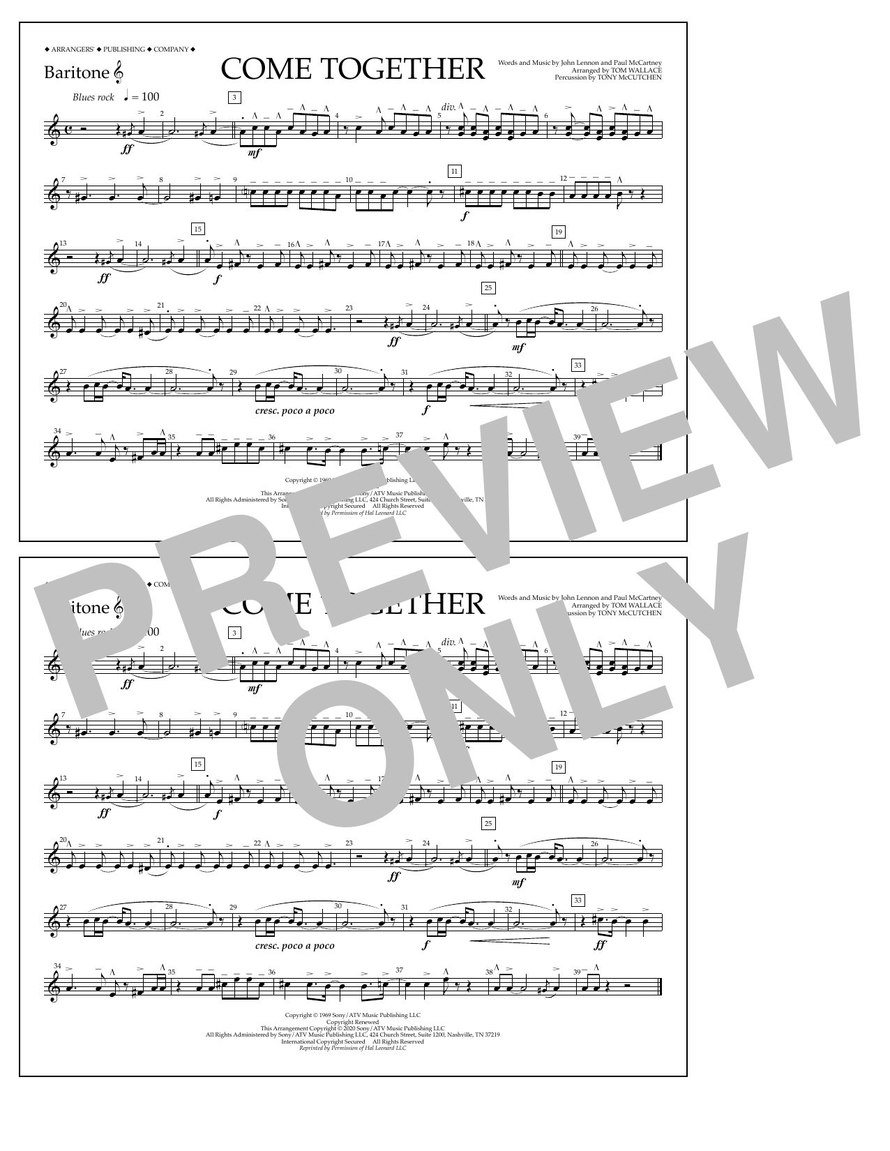 The Beatles Come Together (arr. Tom Wallace) - Baritone T.C. Sheet Music Notes & Chords for Marching Band - Download or Print PDF