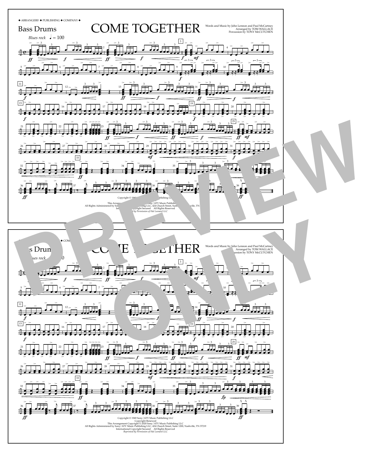 The Beatles Come Together (arr. Tom Wallace) - Bass Drums Sheet Music Notes & Chords for Marching Band - Download or Print PDF