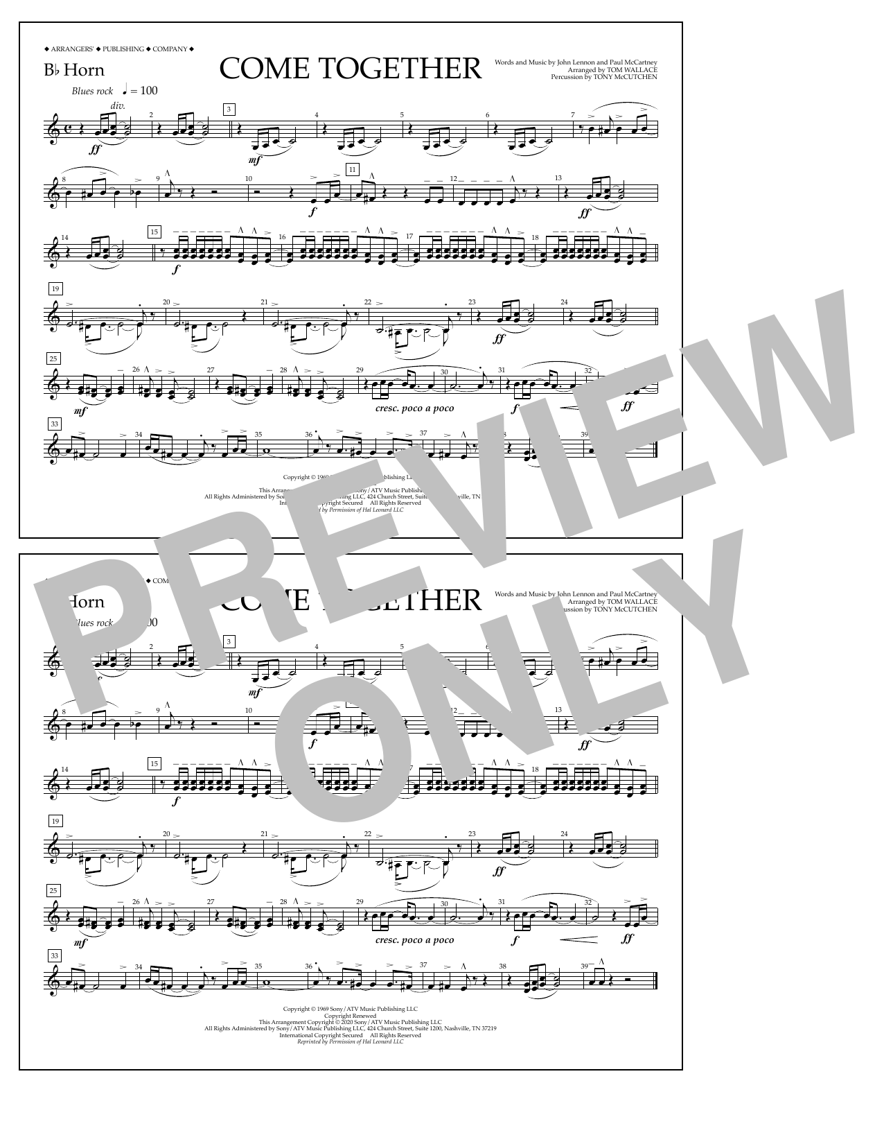 The Beatles Come Together (arr. Tom Wallace) - Bb Horn Sheet Music Notes & Chords for Marching Band - Download or Print PDF