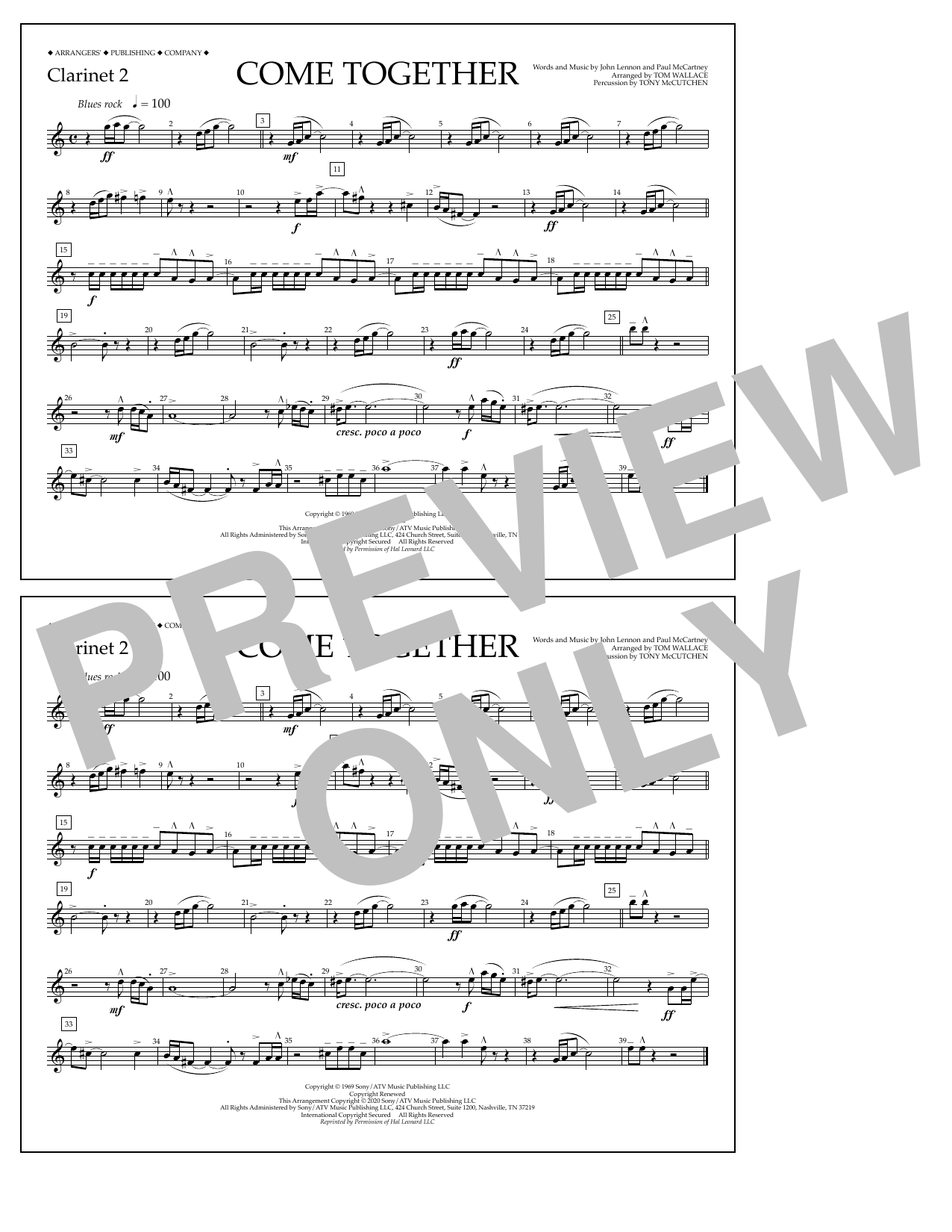 The Beatles Come Together (arr. Tom Wallace) - Clarinet 2 Sheet Music Notes & Chords for Marching Band - Download or Print PDF