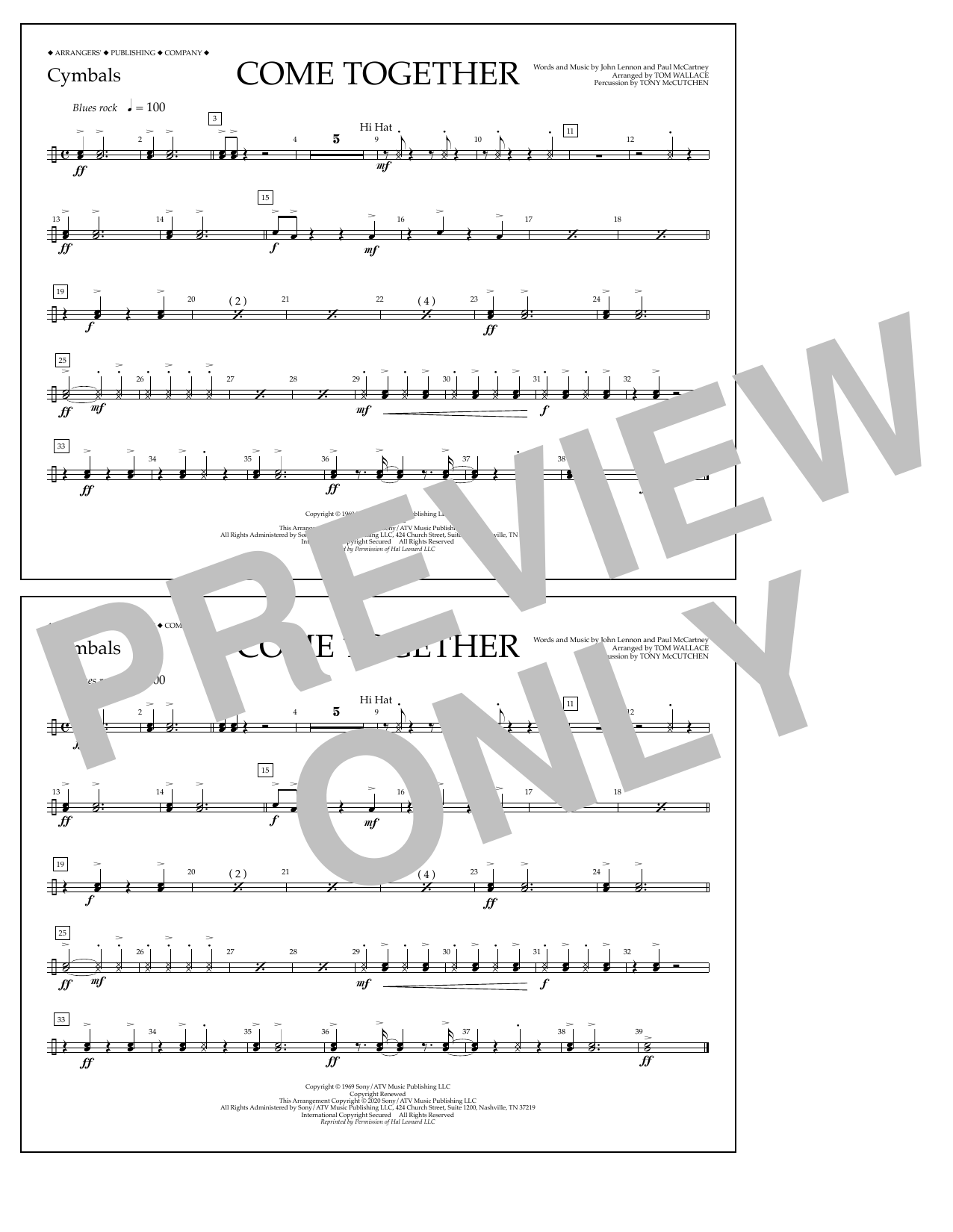 The Beatles Come Together (arr. Tom Wallace) - Cymbals Sheet Music Notes & Chords for Marching Band - Download or Print PDF