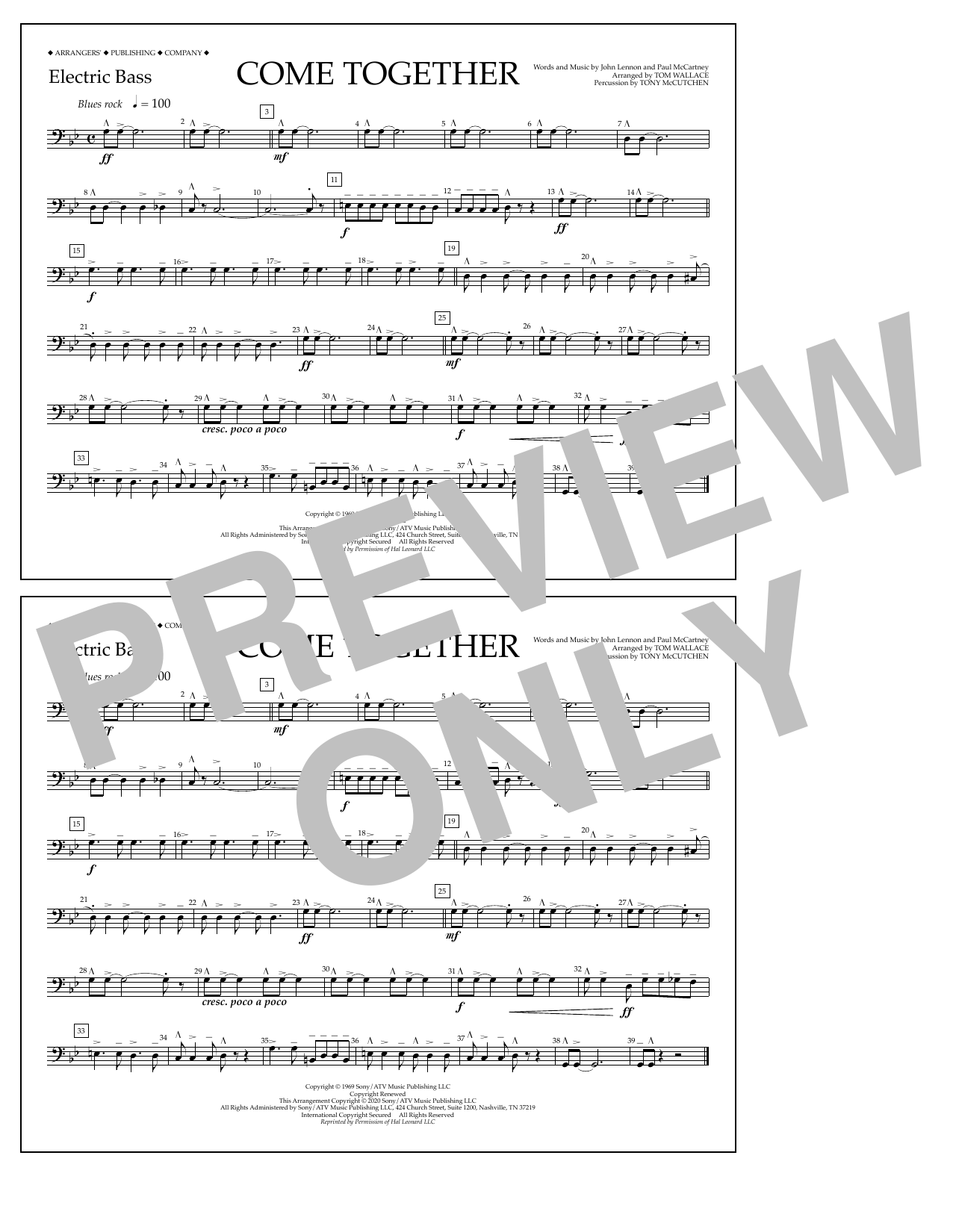 The Beatles Come Together (arr. Tom Wallace) - Electric Bass Sheet Music Notes & Chords for Marching Band - Download or Print PDF