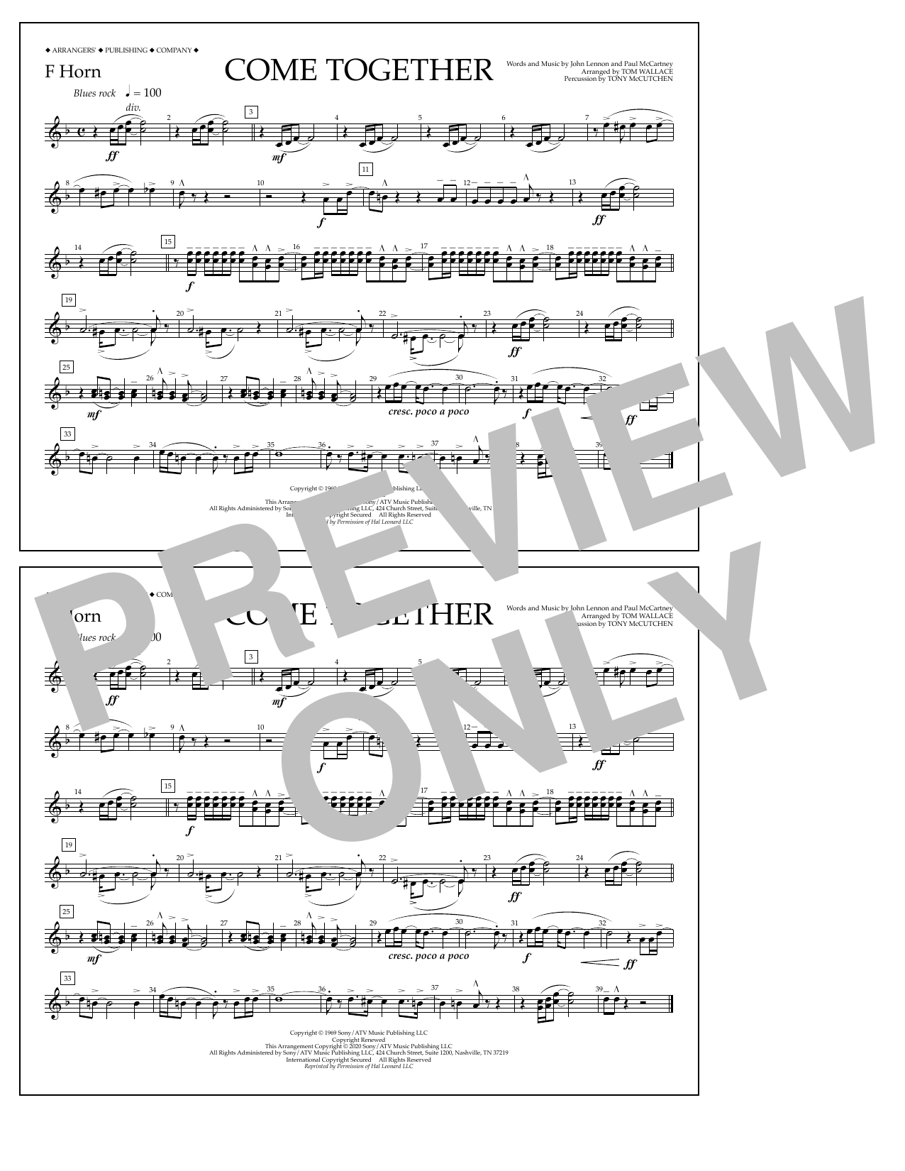 The Beatles Come Together (arr. Tom Wallace) - F Horn Sheet Music Notes & Chords for Marching Band - Download or Print PDF