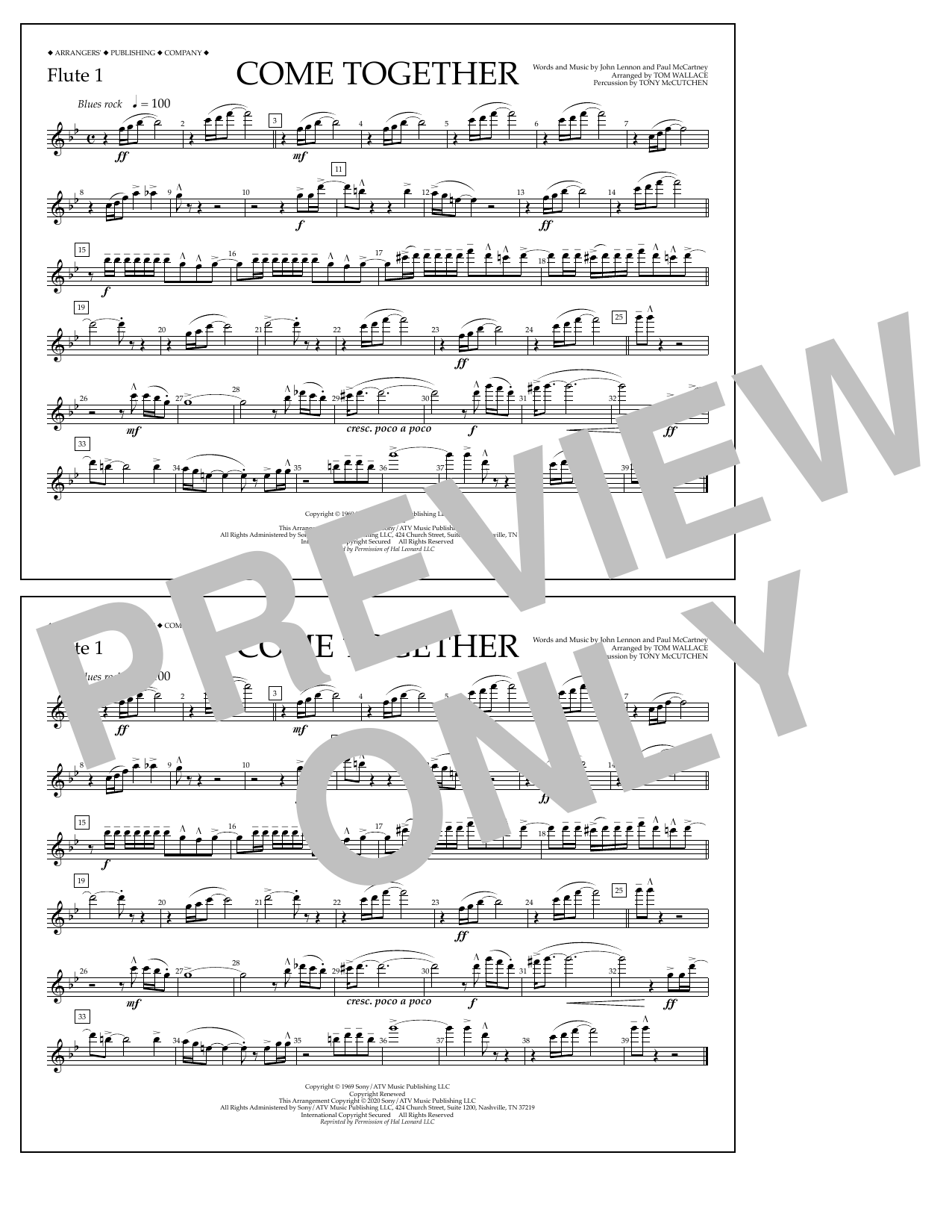 The Beatles Come Together (arr. Tom Wallace) - Flute 1 Sheet Music Notes & Chords for Marching Band - Download or Print PDF
