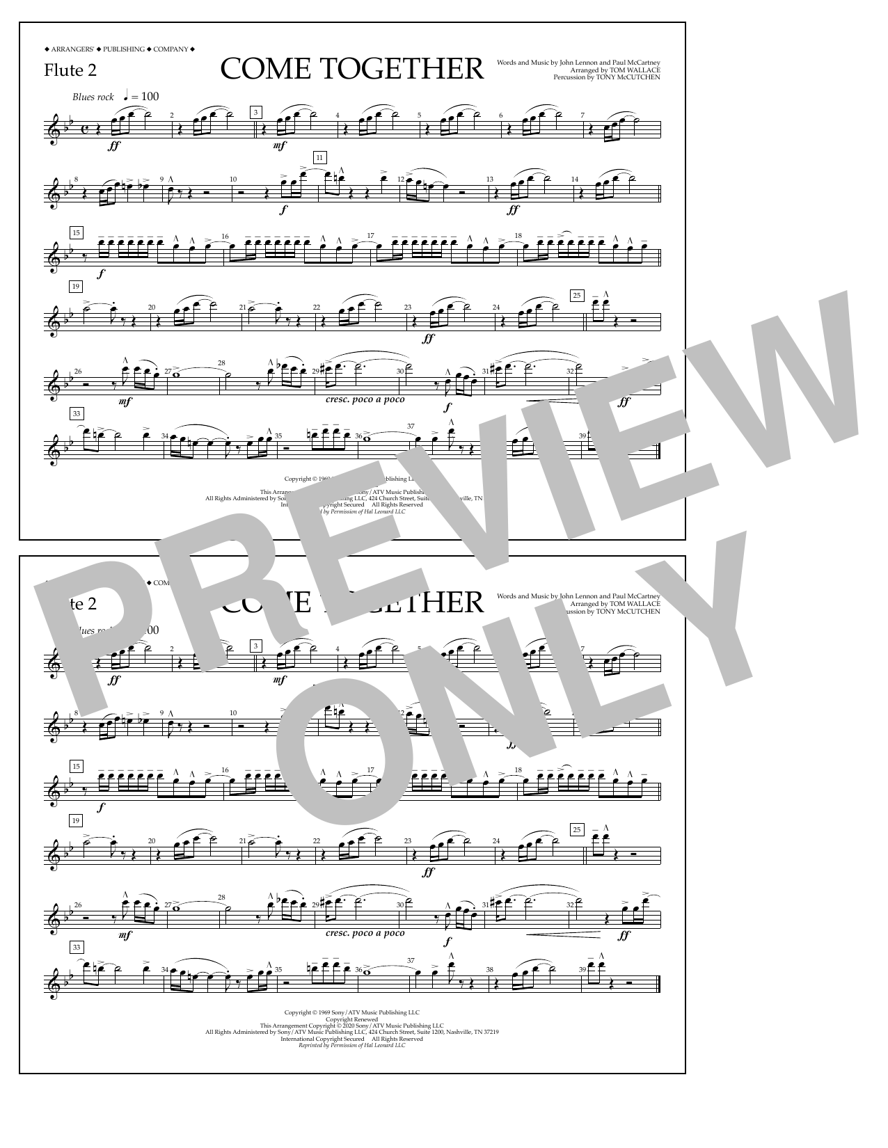 The Beatles Come Together (arr. Tom Wallace) - Flute 2 Sheet Music Notes & Chords for Marching Band - Download or Print PDF
