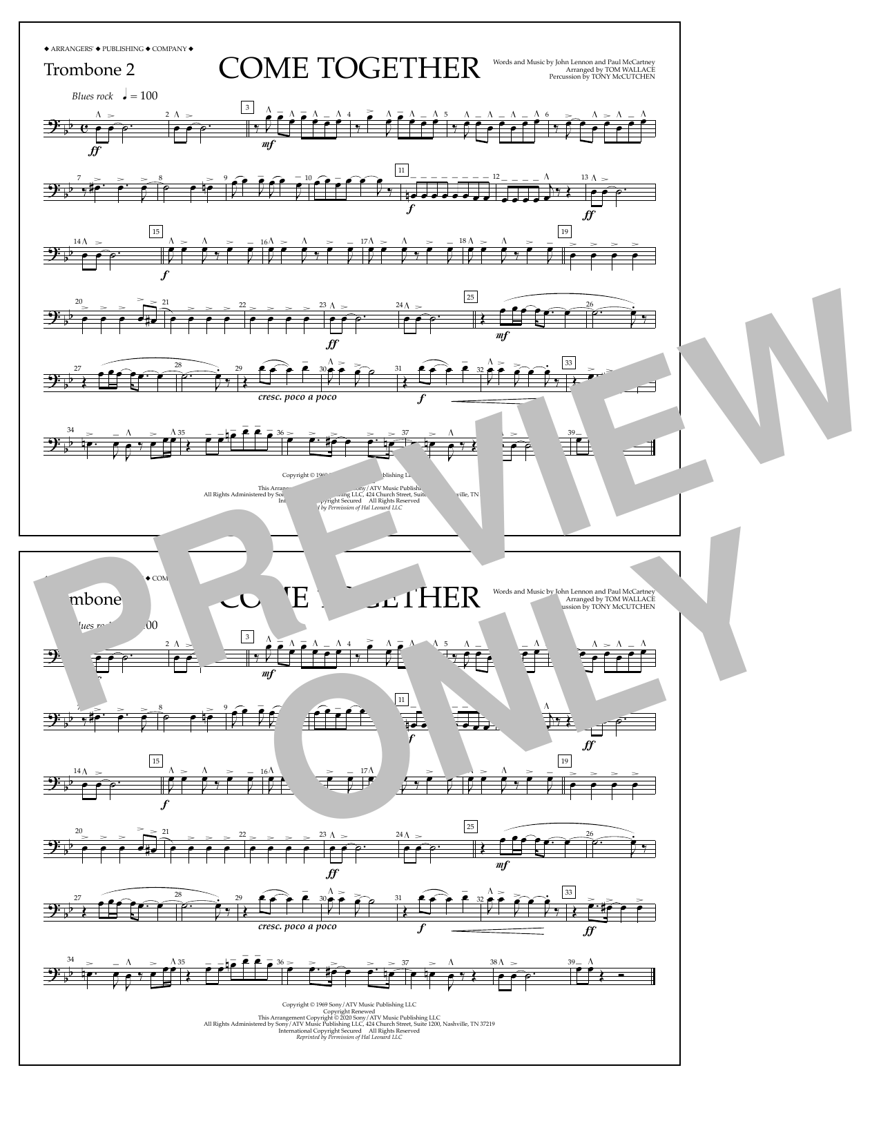 The Beatles Come Together (arr. Tom Wallace) - Trombone 2 Sheet Music Notes & Chords for Marching Band - Download or Print PDF