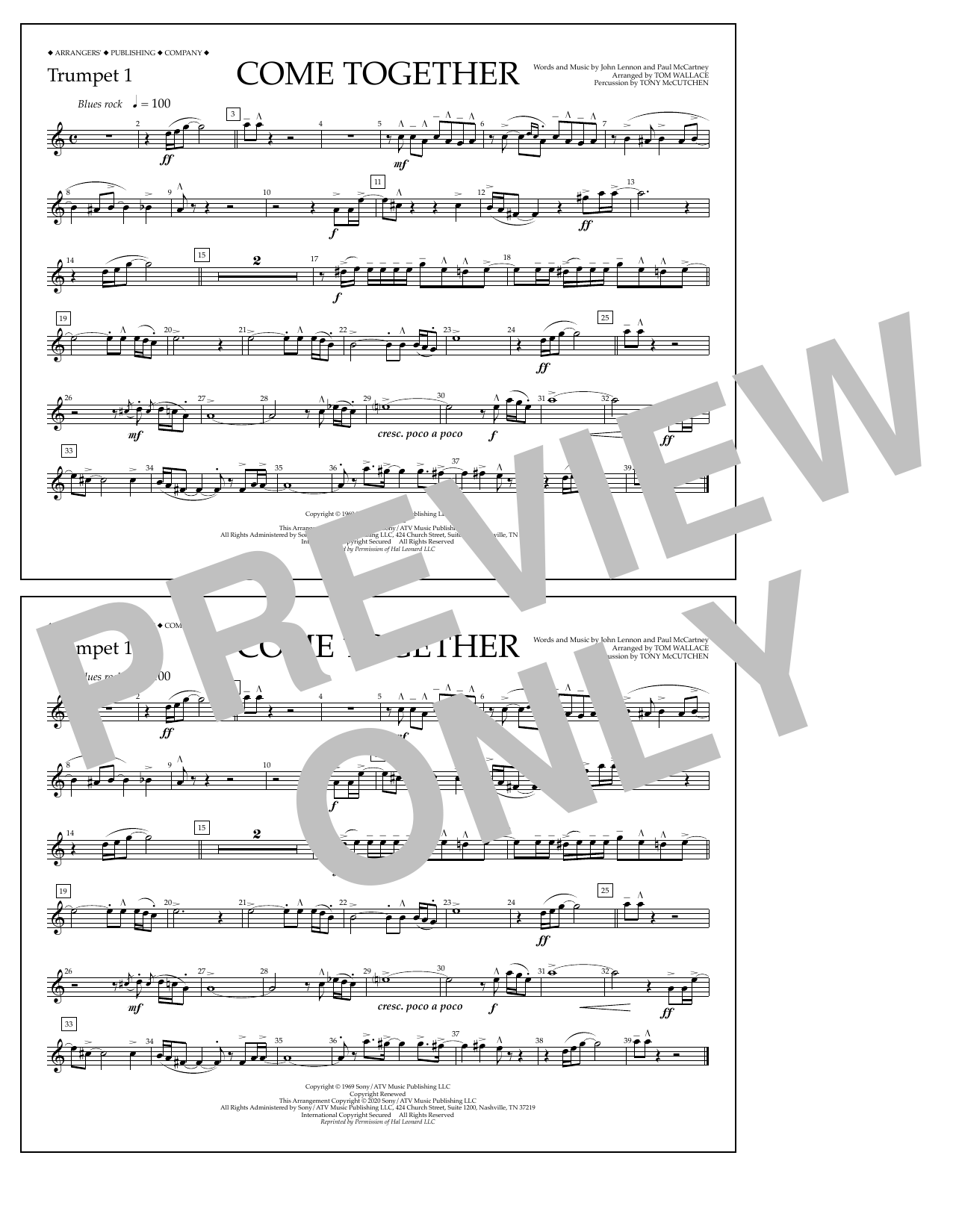 The Beatles Come Together (arr. Tom Wallace) - Trumpet 1 Sheet Music Notes & Chords for Marching Band - Download or Print PDF
