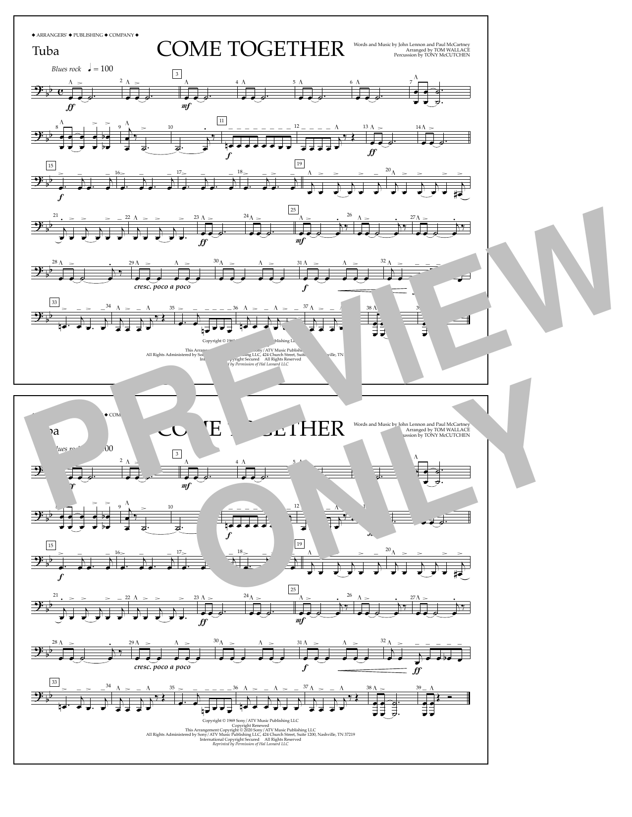 The Beatles Come Together (arr. Tom Wallace) - Tuba Sheet Music Notes & Chords for Marching Band - Download or Print PDF
