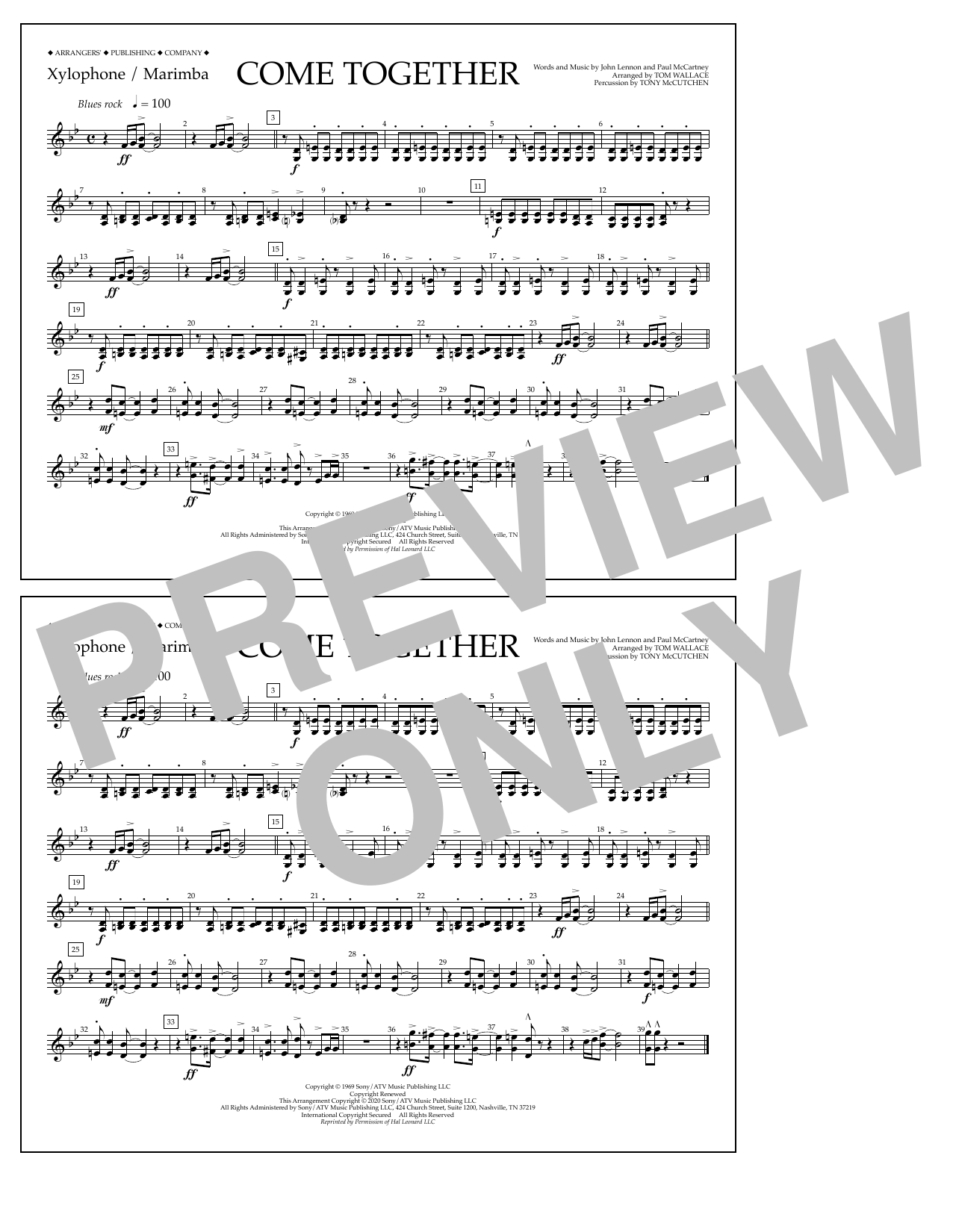 The Beatles Come Together (arr. Tom Wallace) - Xylophone/Marimba Sheet Music Notes & Chords for Marching Band - Download or Print PDF