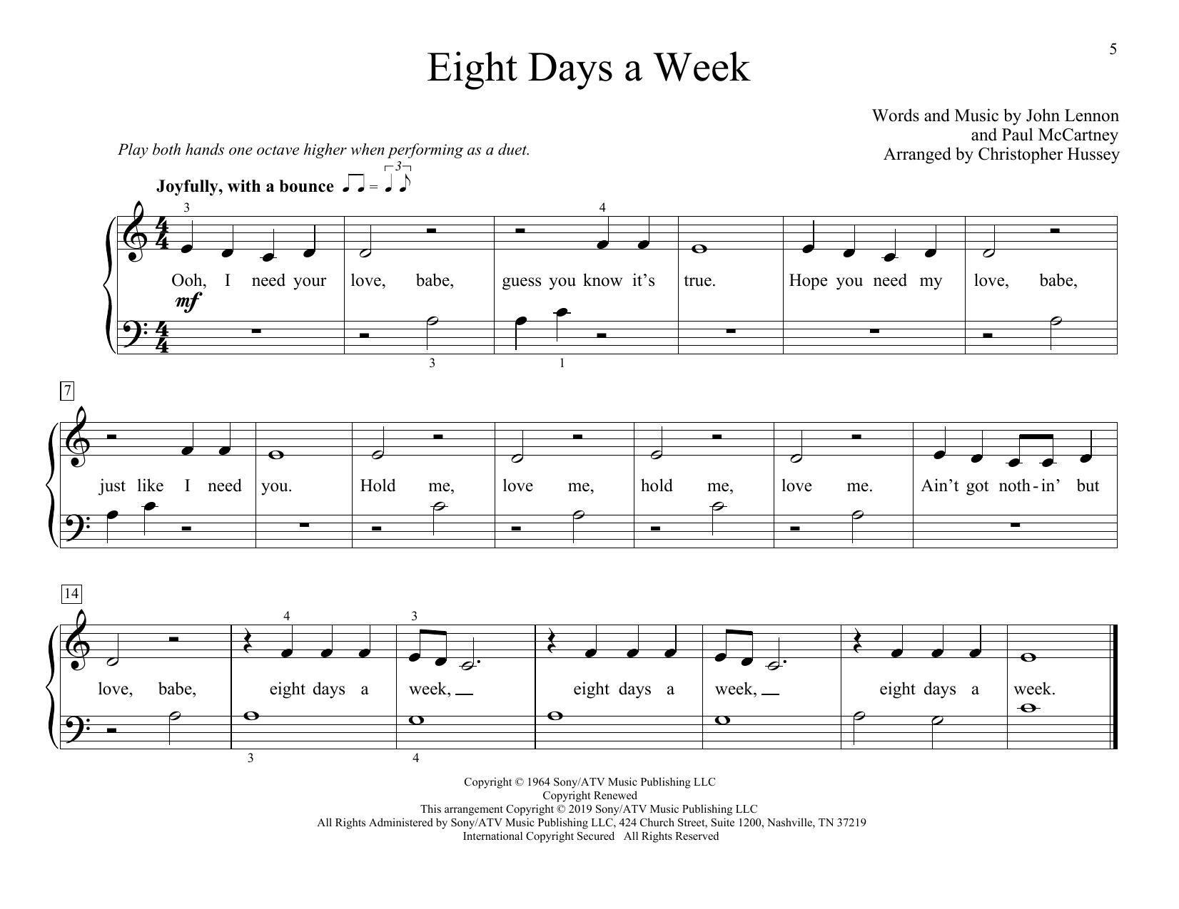 The Beatles Eight Days A Week (arr. Christopher Hussey) Sheet Music Notes & Chords for Piano Duet - Download or Print PDF