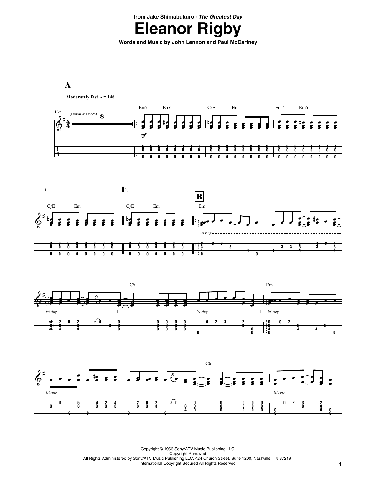 The Beatles Eleanor Rigby (arr. Jake Shimabukuro) Sheet Music Notes & Chords for UKETAB - Download or Print PDF