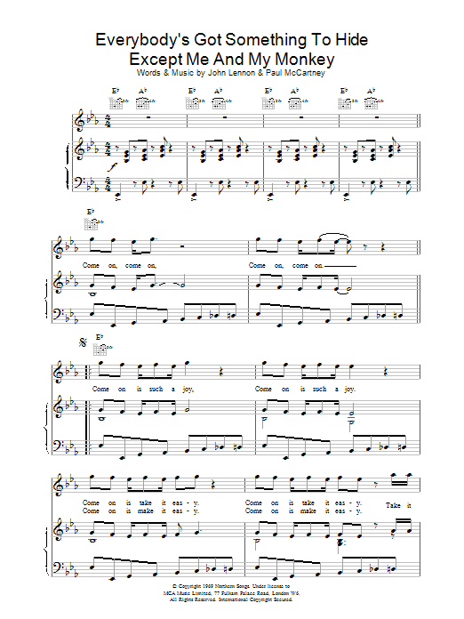 The Beatles Everybody's Got Something To Hide etc. Sheet Music Notes & Chords for Piano, Vocal & Guitar (Right-Hand Melody) - Download or Print PDF