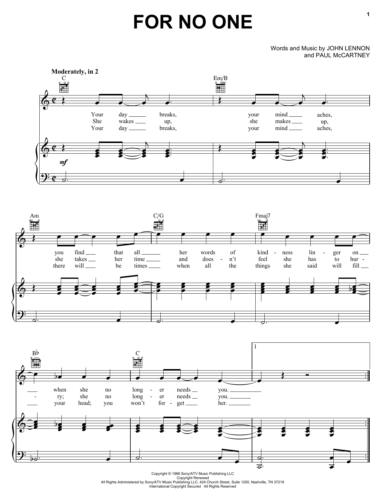 The Beatles For No One Sheet Music Notes & Chords for Piano, Vocal & Guitar - Download or Print PDF