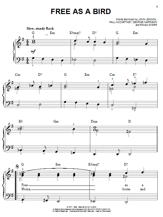 The Beatles Free As A Bird Sheet Music Notes & Chords for Piano, Vocal & Guitar (Right-Hand Melody) - Download or Print PDF