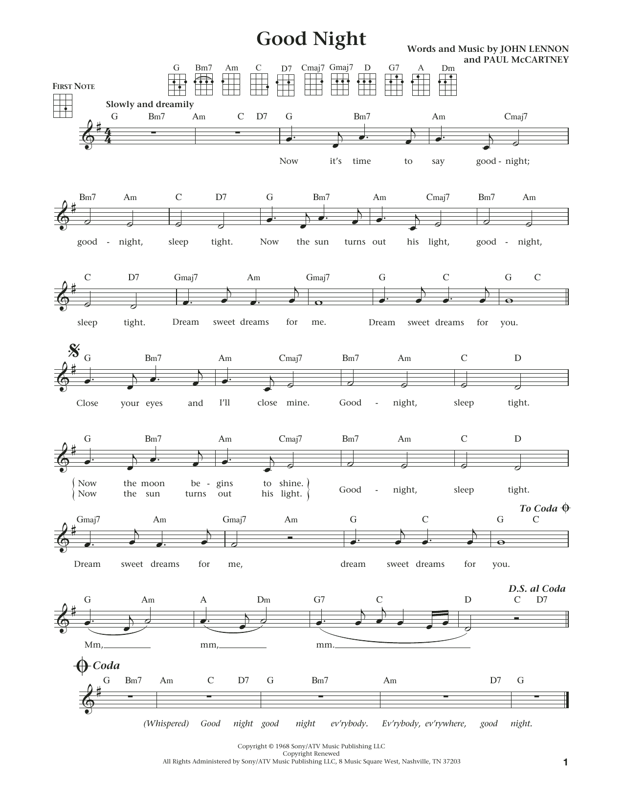 The Beatles Good Night (from The Daily Ukulele) (arr. Liz and Jim Beloff) Sheet Music Notes & Chords for Ukulele - Download or Print PDF