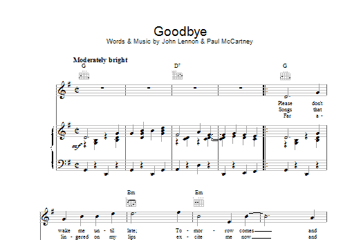 The Beatles Goodbye Sheet Music Notes & Chords for Piano, Vocal & Guitar (Right-Hand Melody) - Download or Print PDF